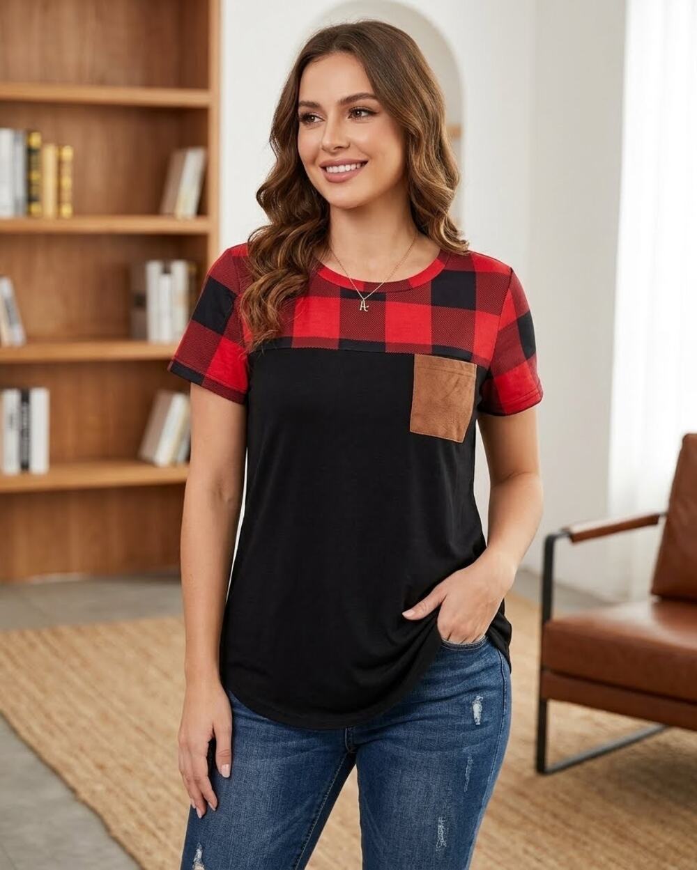 Buffalo Plaid Colorblock Pocket Tee Patchwork Short Sleeve T-Shirt Size Smal
